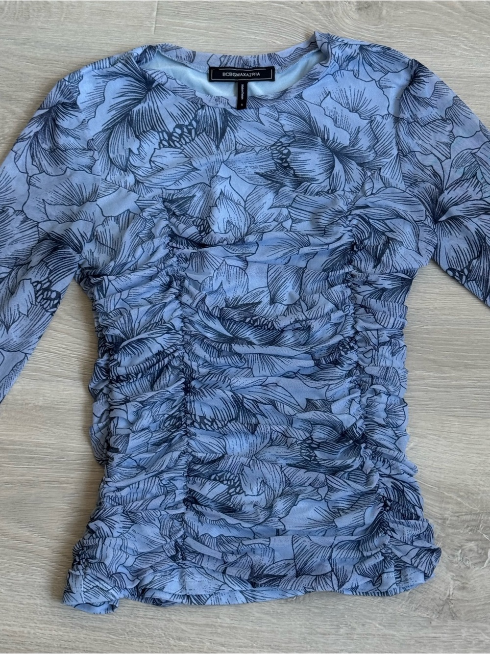BCBGMAXAZRIA Y2K Blue Floral Ruched Mesh Long Sleeve Top